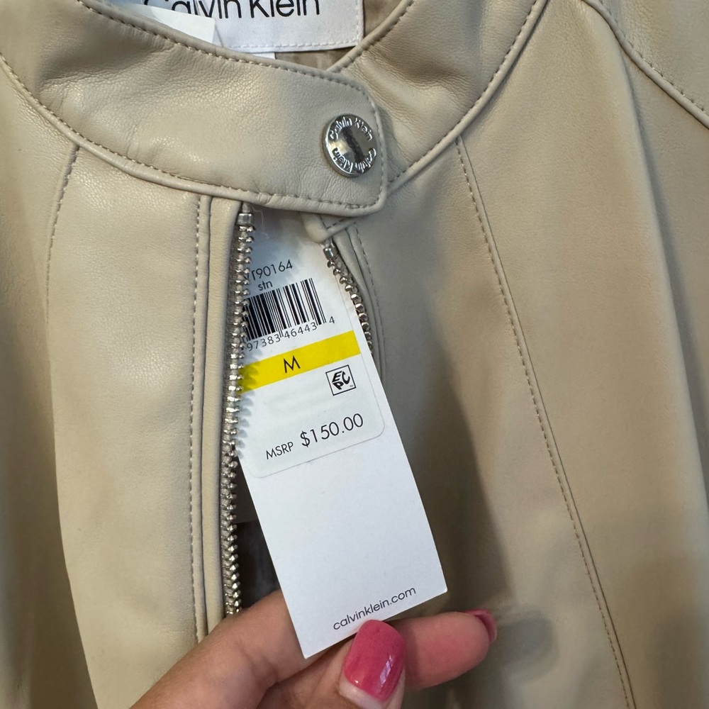 Calvin Klein Cream Faux Leather Jacket with Snap Collar